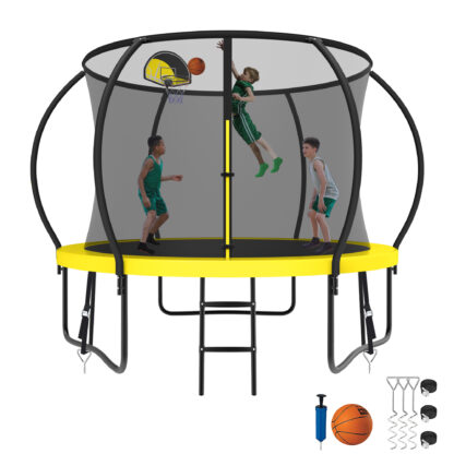 Kumix Trampoline 1000LBS 8 10 12 14 15 16FT Trampoline for Adults and Kids, Trampoline with Enclosure, Basketball Hoop, Wind Stakes, No Gap Design Galvanized Anti-Rust Outdoor Trampoline, Yellow