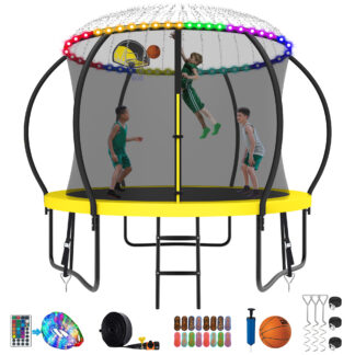 Kumix Trampoline 1000LBS 8 10 12 14 15 16FT Trampoline for Adults and Kids, Trampoline with Enclosure, Basketball Hoop, Wind Stakes and More Gifts, Galvanized Anti-Rust Outdoor Trampoline, Yellow