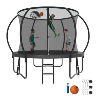 Kumix Trampoline 1000LBS 8 10 12 14 15 16FT Trampoline for Adults and Kids, Trampoline with Enclosure, Basketball Hoop, Wind Stakes, No Gap Design Galvanized Anti-Rust Outdoor Trampoline, Black