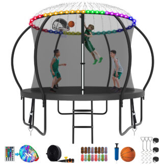 Kumix Trampoline 1000LBS 8 10 12 14 15 16FT Trampoline for Adults and Kids, Trampoline with Enclosure, Basketball Hoop, Wind Stakes and More Gifts, Galvanized Anti-Rust Outdoor Trampoline, Black