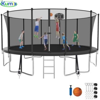 Kumix Trampoline 1500LBS 16 FT Trampoline for 7-10 Kids and Adults, Windproof Outdoor Trampoline with Enclosure Net, Basketball Hoop, Easy to Install & Last Long