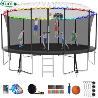 Kumix Trampoline 1500LBS 16 FT Trampoline for 7-10 Kids and Adults, Windproof Outdoor trampoline with Enclosure Net, Basketball Hoop, Lights, Easy to Install & Last Long