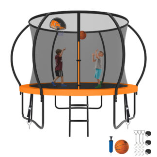 Kumix Trampoline 800LBS 8 10 12 14 15 16FT Trampoline for Adults and Kids, Trampoline with Enclosure, Basketball Hoop, Wind Stakes, No Gap Design Galvanized Anti-Rust Outdoor Trampoline, Orange
