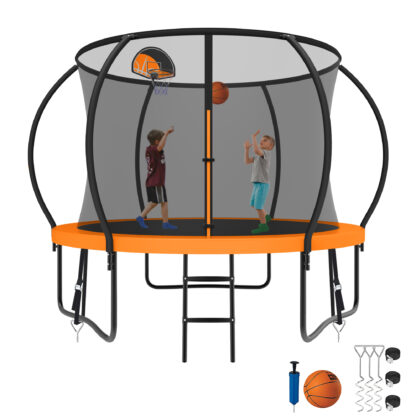 Kumix Trampoline 800LBS 8 10 12 14 15 16FT Trampoline for Adults and Kids, Trampoline with Enclosure, Basketball Hoop, Wind Stakes, No Gap Design Galvanized Anti-Rust Outdoor Trampoline, Orange