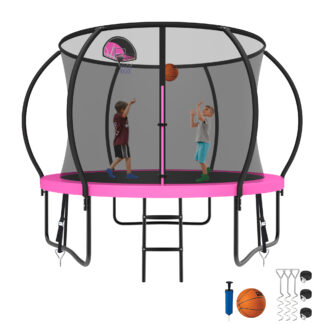 Kumix Trampoline 800LBS 8 10 12 14 15 16FT Trampoline for Adults and Kids, Trampoline with Enclosure, Basketball Hoop, Wind Stakes, No Gap Design Galvanized Anti-Rust Outdoor Trampoline, Pink