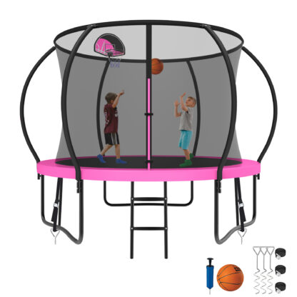 Kumix Trampoline 800LBS 8 10 12 14 15 16FT Trampoline for Adults and Kids, Trampoline with Enclosure, Basketball Hoop, Wind Stakes, No Gap Design Galvanized Anti-Rust Outdoor Trampoline, Pink