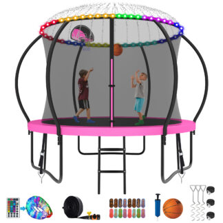 Kumix Trampoline 800LBS 8 10 12 14 15 16FT Trampoline for Adults and Kids, Trampoline with Enclosure, Basketball Hoop, Wind Stakes and More Gifts, Galvanized Anti-Rust Outdoor Trampoline, Pink