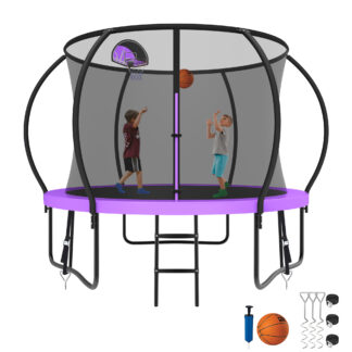 Kumix Trampoline 800LBS 8 10 12 14 15 16FT Trampoline for Adults and Kids, Trampoline with Enclosure, Basketball Hoop, Wind Stakes, No Gap Design Galvanized Anti-Rust Outdoor Trampoline, Purple