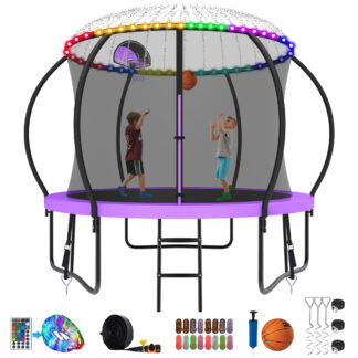 Kumix Trampoline 800LBS 8 10 12 14 15 16FT Trampoline for Adults and Kids, Trampoline with Enclosure, Basketball Hoop, Wind Stakes and More Gifts, Galvanized Anti-Rust Outdoor Trampoline, Purple