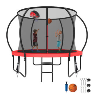 Kumix Trampoline 800LBS 8 10 12 14 15 16FT Trampoline for Adults and Kids, Trampoline with Enclosure, Basketball Hoop, Wind Stakes, No Gap Design Galvanized Anti-Rust Outdoor Trampoline, Red
