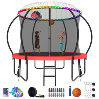 Kumix Trampoline 800LBS 8 10 12 14 15 16FT Trampoline for Adults and Kids, Trampoline with Enclosure, Basketball Hoop, Wind Stakes and More Gifts, Galvanized Anti-Rust Outdoor Trampoline, Red