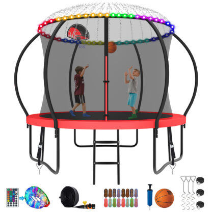 Kumix Trampoline 800LBS 8 10 12 14 15 16FT Trampoline for Adults and Kids, Trampoline with Enclosure, Basketball Hoop, Wind Stakes and More Gifts, Galvanized Anti-Rust Outdoor Trampoline, Red