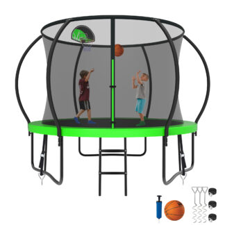Kumix Trampoline 800LBS 8 10 12 14 15 16FT Trampoline for Adults and Kids, Trampoline with Enclosure, Basketball Hoop, Wind Stakes, No Gap Design Galvanized Anti-Rust Outdoor Trampoline, Green