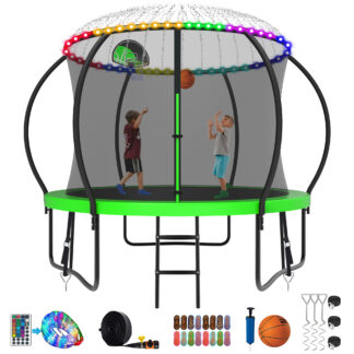 Kumix Trampoline 800LBS 8 10 12 14 15 16FT Trampoline for Adults and Kids, Trampoline with Enclosure, Basketball Hoop, Wind Stakes and More Gifts, Galvanized Anti-Rust Outdoor Trampoline, Green