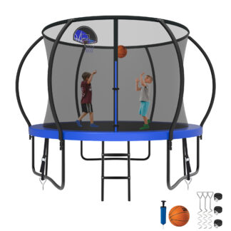 Kumix Trampoline 800LBS 8 10 12 14 15 16FT Trampoline for Adults and Kids, Trampoline with Enclosure, Basketball Hoop, Wind Stakes, No Gap Design Galvanized Anti-Rust Outdoor Trampoline, Blue