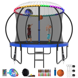 Kumix Trampoline 800LBS 8 10 12 14 15 16FT Trampoline for Adults and Kids, Trampoline with Enclosure, Basketball Hoop, Wind Stakes and More Gifts, Galvanized Anti-Rust Outdoor Trampoline, Blue