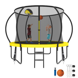 Kumix Trampoline 800LBS 8 10 12 14 15 16FT Trampoline for Adults and Kids, Trampoline with Enclosure, Basketball Hoop, Wind Stakes, No Gap Design Galvanized Anti-Rust Outdoor Trampoline, Yellow
