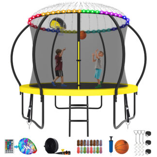 Kumix Trampoline 800LBS 8 10 12 14 15 16FT Trampoline for Adults and Kids, Trampoline with Enclosure, Basketball Hoop, Wind Stakes and More Gifts, Galvanized Anti-Rust Outdoor Trampoline, Yellow
