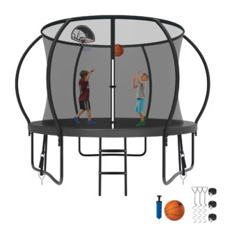 Kumix Trampoline 800LBS 8 10 12 14 15 16FT Trampoline for Adults and Kids, Trampoline with Enclosure, Basketball Hoop, Wind Stakes, No Gap Design Galvanized Anti-Rust Outdoor Trampoline, Black