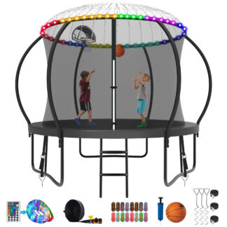 Kumix Trampoline 800LBS 8 10 12 14 15 16FT Trampoline for Adults and Kids, Trampoline with Enclosure, Basketball Hoop, Wind Stakes and More Gifts, Galvanized Anti-Rust Outdoor Trampoline, Black