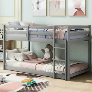 Jump Into Fun Bunk Bed Twin over Twin, 400LBS Floor Bunk Bed w Safety Guard Rails, Ladder, Wooden Heavy Duty Twin Bunk Beds for Kids, Bedroom, Low Bunk beds No Box Spring Required, Grey
