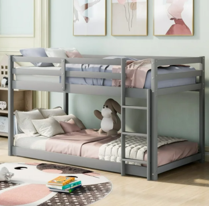 Jump Into Fun Bunk Bed Twin over Twin, 400LBS Floor Bunk Bed w Safety Guard Rails, Ladder, Wooden Heavy Duty Twin Bunk Beds for Kids, Bedroom, Low Bunk beds No Box Spring Required, Grey