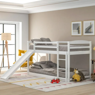 Jump Into Fun Bunk Bed Twin over Twin, Toddler Bunk Beds with Slide, Safety Guard Rails and Convertible Ladder, Wooden Twin Bunk Beds for Kids, Bedroom, Low Bunk beds, Noiseless, White