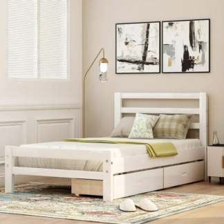 Jump Into Fun Platform Bed, Twin Platform Bed with Two Drawers, Slat Support, Headboard and Footboard, Wood Twin-size Bed for Kids Adults, No Box Spring Needed, White