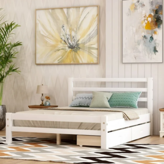 Jump Into Fun Platform Bed, Full Platform Bed with Two Drawers, Slat Support, Headboard and Footboard, Wood Full-size Bed for Kids Adults, No Box Spring Needed, White