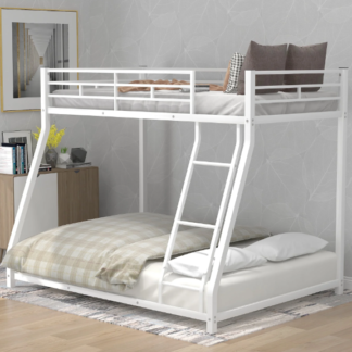 Kumix Bunk Bed Twin over Full, Metal Bunk Bed with Sturdy Guard Rail and Ladder, Floor Bunk Bed Space-Saving Design, Toddler Bunk Beds for Kids, Teens, Adults, No Box Spring Needed, White
