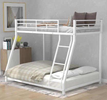 Kumix Bunk Bed Twin over Full, Metal Bunk Bed with Sturdy Guard Rail and Ladder, Floor Bunk Bed Space-Saving Design, Toddler Bunk Beds for Kids, Teens, Adults, No Box Spring Needed, White