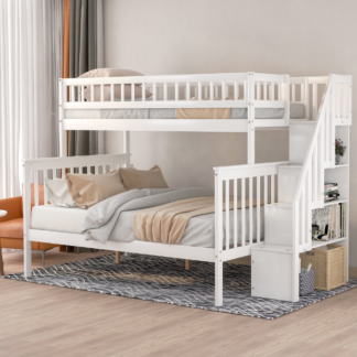 Jump Into Fun Bunk Bed Twin over Full, Solid Wood Bunk Bed with Storage, Stairs and Safety Guardrail, Bunk Bed for Kids, Twin over Full Bunk Bed for Bedroom, Kids'room, Dormitory, White