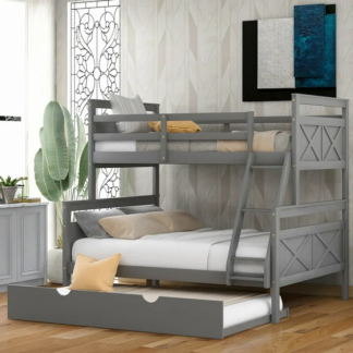 Jump Into Fun Bunk Bed Twin over Full, Solide Wood Bunk Bed with Trundle, Headboard, Ladder, Safety Guardrail, Convertible to 2 Beds, Bunk Bed for Kids, Twin over Full Bunk Bed for Bedroom, Gray