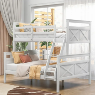 Jump Into Fun Bunk Bed, Twin over Full Bunk Bed Convertible to 2 Beds, Solide Wood Bunk Bed with Headboard, Ladder, Safety Guardrail for Kids, Bunk Bed for Bedroom, White