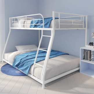 Jump Into Fun Bunk Bed, Metal Twin over Full Bunk Bed with Ladder, Full Length Guard Rails, Heavy Duty Sturdy Low Bunk Bed for Kid, Teen & Adults, Teens, No Box Spring Needed, White