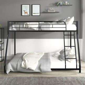 Jump Into Fun Bunk Bed, Metal Twin over Full Bunk Bed with Ladder, Full Length Guard Rails, Heavy Duty Sturdy Low Bunk Bed for Kid, Teen & Adults, Teens, No Box Spring Needed, Black