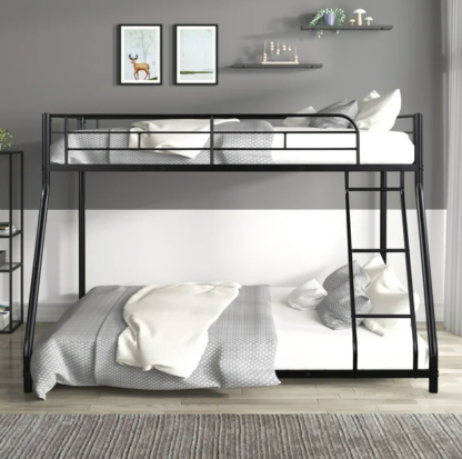 Jump Into Fun Bunk Bed, Metal Twin over Full Bunk Bed with Ladder, Full Length Guard Rails, Heavy Duty Sturdy Low Bunk Bed for Kid, Teen & Adults, Teens, No Box Spring Needed, Black