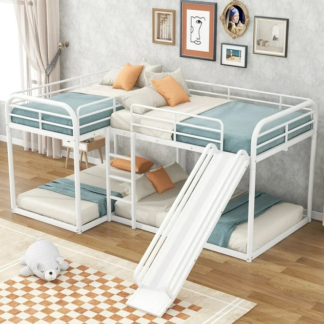Jump Into Fun Bunk Bed for 4, L-Shaped Full and Twin Size Quad Bunk Bed with Slide, Full-Length Guardrail and Ladder for Bedroom, Metal Quad Bunk Bed for Multi-Kids, Teens, Adults, Noise Free, White