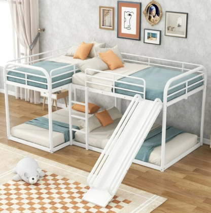 Jump Into Fun Bunk Bed for 4, L-Shaped Full and Twin Size Quad Bunk Bed with Slide, Full-Length Guardrail and Ladder for Bedroom, Metal Quad Bunk Bed for Multi-Kids, Teens, Adults, Noise Free, White