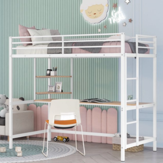 Kumix Loft Bed, Metal Twin Loft Bed with Desk, 2 Shelves, Full Length Guardrail and Ladder, 20 Metal Slats, Loft Bed Twin Size for Kids, Toddler, Dormitory, Bedroom, Space-Saving, White