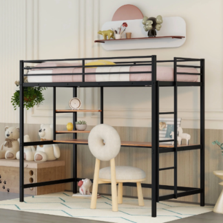 Kumix Loft Bed, Metal Twin Loft Bed with Desk, 2 Shelves, Full Length Guardrail and Ladder, 20 Metal Slats, Loft Bed Twin Size for Kids, Toddler, Dormitory, Bedroom, Space-Saving, Black
