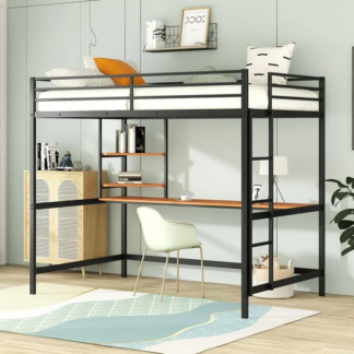 Kumix Loft Bed, Metal Full Size Loft Bed with Desk, 2 Shelves, Full Length Guardrail and Ladder, 20 Metal Slats, Loft Bed Full for Kids, Toddler, Dormitory, Bedroom, Space-Saving, Black