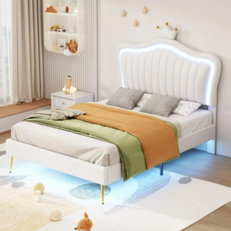 Kumix Upholstered Bed Twin Size, Princess Bed with LED Lights, Crown Headboard, Metal Rods and Legs, PU Leather Upholstered Bed for Girls, Adult Platform Bed for Bedroom, Dorm, White