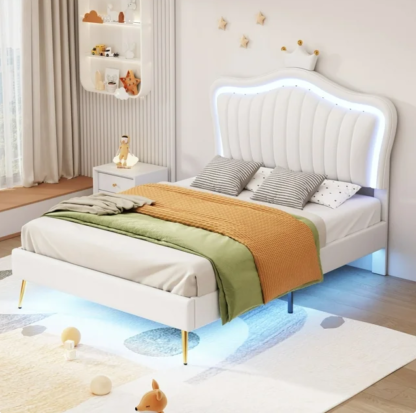 Kumix Upholstered Bed Twin Size, Princess Bed with LED Lights, Crown Headboard, Metal Rods and Legs, PU Leather Upholstered Bed for Girls, Adult Platform Bed for Bedroom, Dorm, White