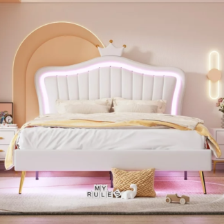 Kumix Upholstered Bed Queen Size, Princess Bed with LED Lights, Crown Headboard, Metal Rods and Legs, PU Leather Upholstered Bed for Girls, Adult Platform Bed for Bedroom, Dorm, White