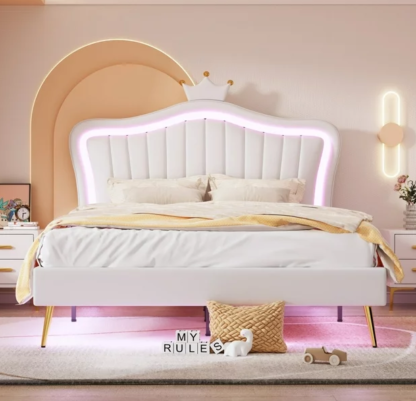 Kumix Upholstered Bed Queen Size, Princess Bed with LED Lights, Crown Headboard, Metal Rods and Legs, PU Leather Upholstered Bed for Girls, Adult Platform Bed for Bedroom, Dorm, White