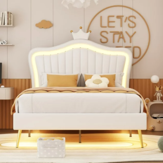 Kumix Upholstered Bed Full Size, Princess Bed with LED Lights, Crown Headboard, Metal Rods and Legs, PU Leather Upholstered Bed for Girls, Adult Platform Bed for Bedroom, Dorm, White