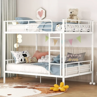 Jump Into Fun Bunk Bed Full over Full, Metal Full Bunk Beds for Kids Teens Adults Convertible into 2 Bed with Safety Guard Rail & Ladder, Hold 600lb Bunk Bed for Guest Room, Noise Free, White