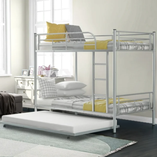 Jump Into Fun Bunk Bed Twin over Twin, Metal Twin Bunk Beds for Kids Teens Adults Convertible into 2 Bed with Trundle, Guard Rail & Ladder, Hold 850lb for Guest Room, Noise Free, Silver