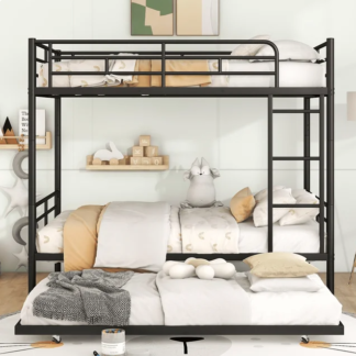 Jump Into Fun Bunk Bed Twin over Twin, Metal Twin Bunk Beds for Kids Teens Adults Convertible into 2 Bed with Trundle, Guard Rail & Ladder, Hold 850lb for Guest Room, Noise Free, Black